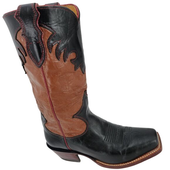 Vintage Justin Cowgirl Womens 7B Black Brown Cowboy Boots Western Square Toe - Picture 14 of 16